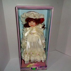 Vintage Porcelain Doll 16" Tall By Royal Heirloom, With Stand, In Box